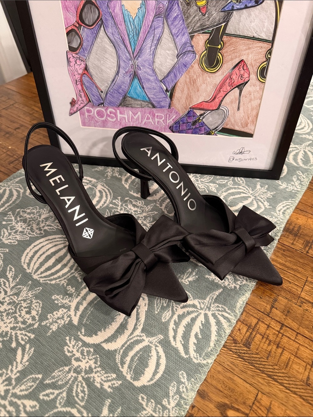 ANTONIO MELANI Black Satin Pointed-Toe Slingback Heels with Bow - Picture 2 of 15